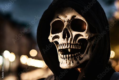 A human skeleton laughing, opened mouth, horror dressed like a hippie with a hood on his head, behind him the night city is blurred. A terrible rainy night.