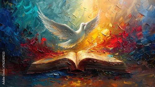 watercolor painting of the holy spirit flying over the Bible photo