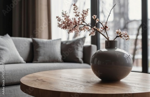 gray vase on wooden coffee table, interior of living room in minimalism style, gray shades prevail, , minimalism concept, panoramic windows