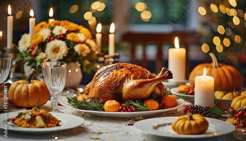 Family dining room table set with delicious golden roasted turkey on platter garnished rosemary fresh small pumpkins. Thanksgiving day dinner with holiday autumn decorated table and candles.