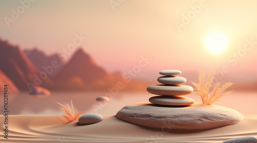 Zen stones stack on sand against sunset. Balance and meditation concept.