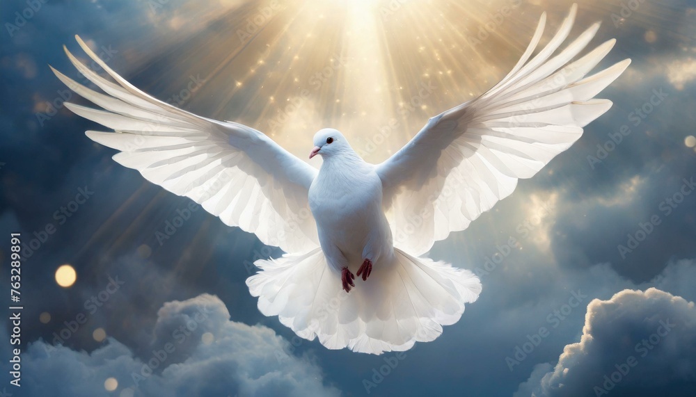 Holy Spirit: White Dove with Open Wings in the Clouds Stock Photo ...