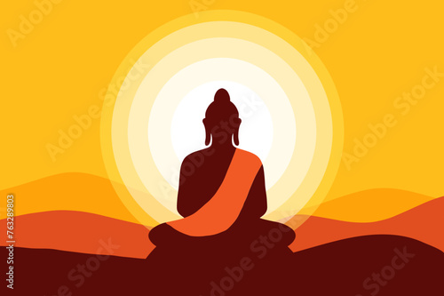 Buddha meditating silhouette and sunset background illustration
