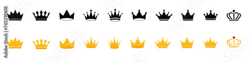 Crown icons set. King crown symbol collection. Design elements for use in logos, emblems, badges. King and Queen crowns collection.