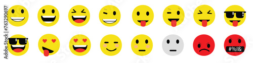 Emoji, Emoticons. Social network likes. Chat comment reactions, icons template: smile, love, like, Lol, laughter emoji character message