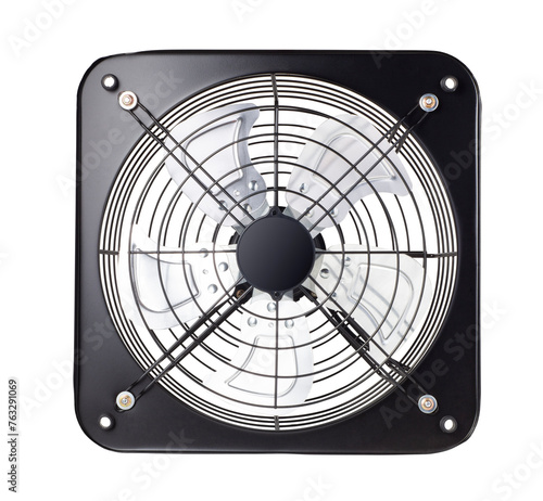 Metal exhaust fan isolated on white background. Equipment for removing dirty air from the room, bathroom or kitchen