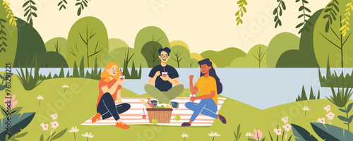 Picnic in the park. Young cheerful people sitting on a blanket in the park, eating snacks and drinking drinks by the lake. Vector flat illustration in cartoon style.