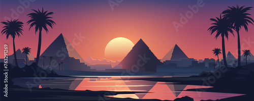 Stunning landscape of Egypt at sunset. Beautiful ancient permids against the backdrop of an amazing landscape with a lake and reflections, palm trees, houses and an orange-red sunset. © LoveSan