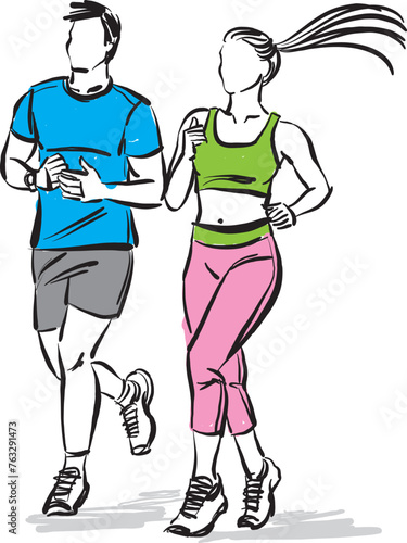 couple 2 man and woman running fitness concept vector illustration