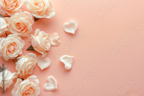 arrangement of white roses with heartshaped petals on a pink background, showcasing the beauty of flowers. The perfect blend of nature and artificial flower artistry