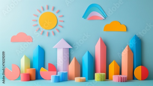 3D illustration abstract minimal geometric paper art infographic on bright color background.