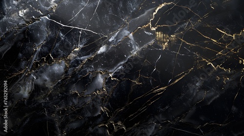 Sumptuous abstract black marble stone texture with golden veins, glossy black marble for wallpaper background