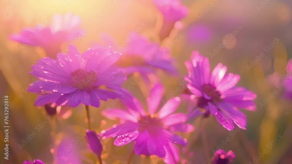 Vibrant purple wildflowers are seen up close their petals shimmering as the morning dew glistens on them. These flowers are known for their medicinal properties in traditional Vibrant purple wildflowers are seen up close their petals shimmering as the morning dew glistens on them. These flowers are known for their medicinal properties in traditional