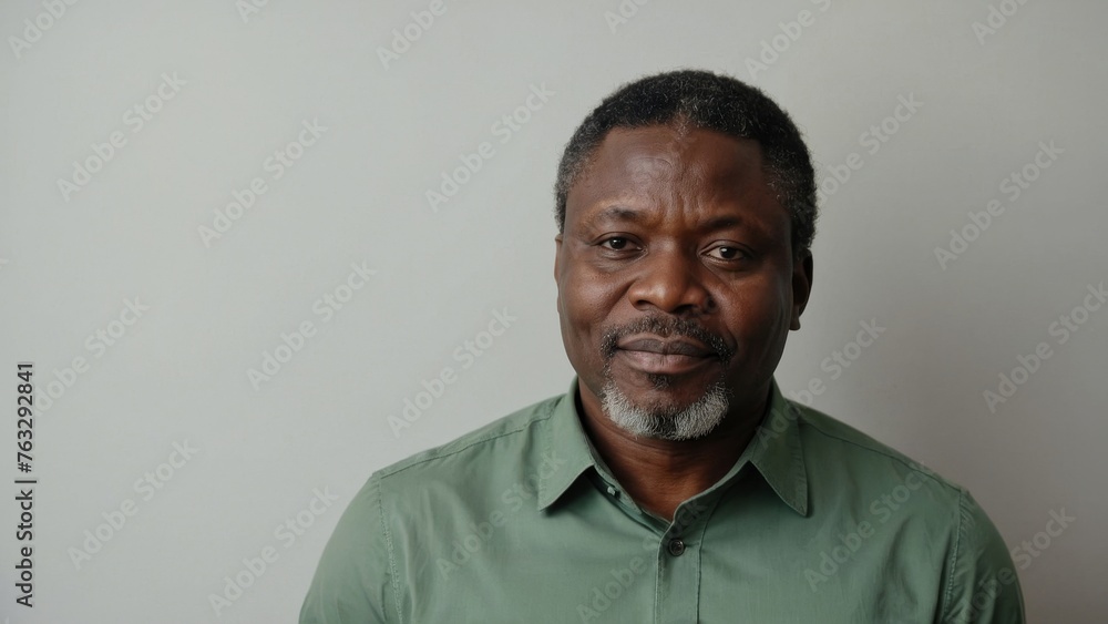 Obraz premium adult black man with beard and gray hair is wearing a green shirt. He looks at the camera with serious expression