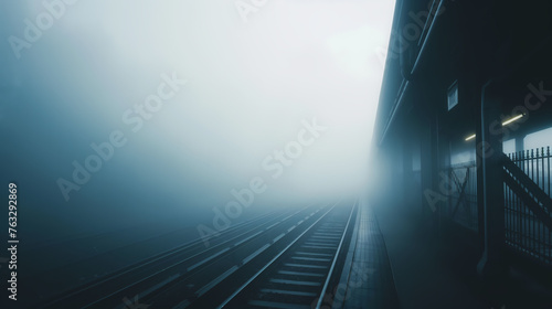 Photograph wallpaper of a railroad foreground track  with a fence to the right and a wall to the left