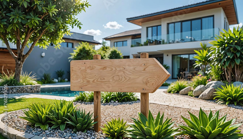 Panneau en bois avec espace vide, arrière-plan sur le jardin et la maison sous le ciel bleu - IA générative photo