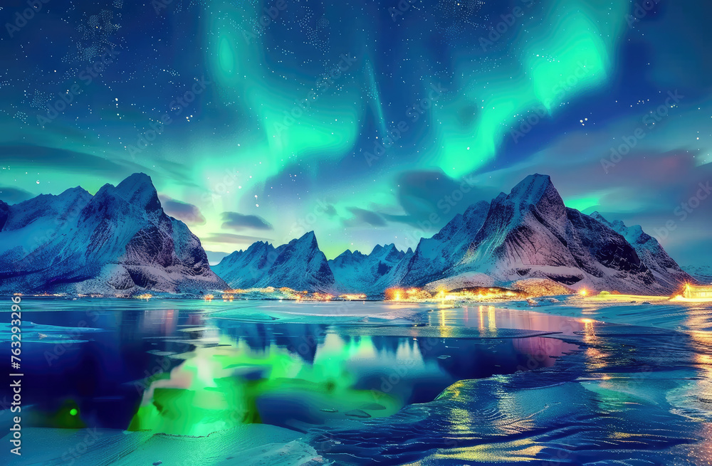 A breathtaking view of the Northern Lights over the Lofoten Islands, Norway, with snow-covered mountains and reflecting water below. The vibrant green lights dance across the sky above