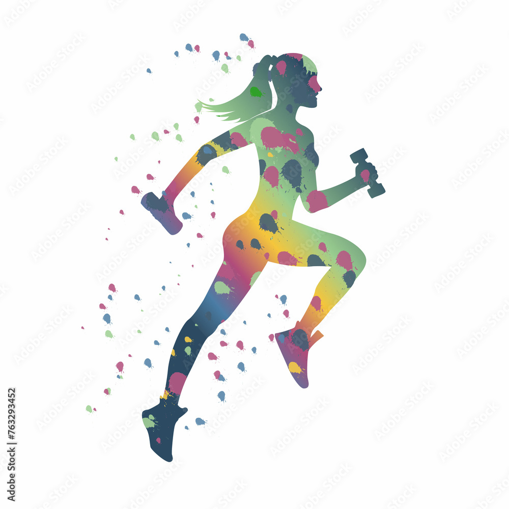 Athletic girl runs with dumbbells. The concept of a healthy and active lifestyle. Silhouette with splashes. Vector illustration. Athletic girl runs with dumbbells. The concept of a healthy and active lifestyle. Silhouette with splashes. Vector illustration.