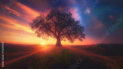 abstract fairy tree against the background of stars and sunset, the concept of wish fulfillment and magic