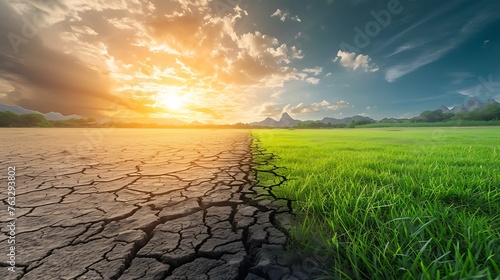 Land with dry and cracked ground and green field .Desert, Global warming background