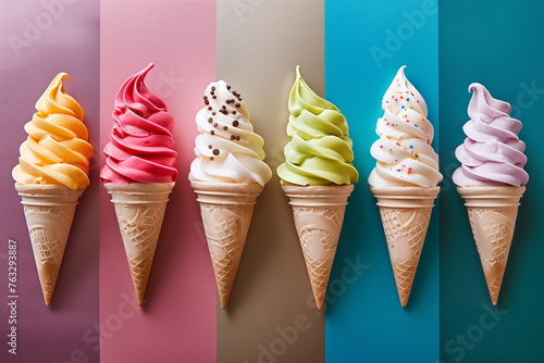 Ice cream cones with toppings on a tiled colorful background, different flavour and colors - chocolate chips, sundae, strawberry, yellow mango