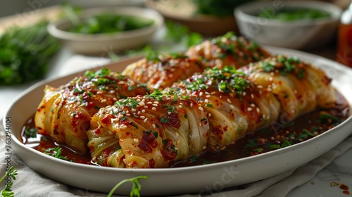 Korean style stuffed cabbage rolls with red chili oil sauce served in a white bowl. Tasty carefully rolled cabbage leaf.