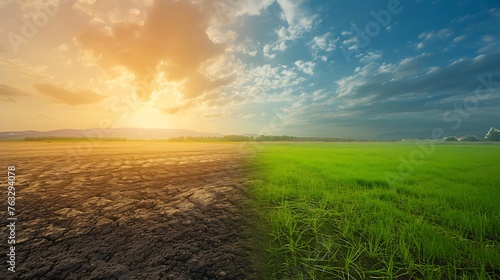 Land with dry and cracked ground and green field .Desert, Global warming background