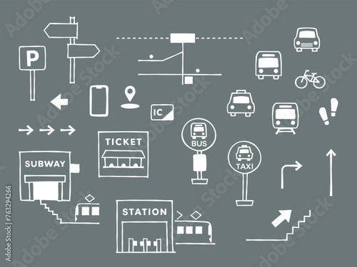 電車やバスの交通案内のシンプルなイラストとアイコン