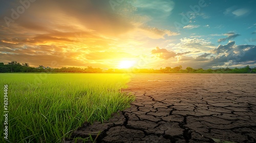 Land with dry and cracked ground and green field .Desert, Global warming background