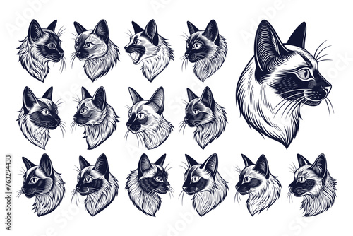 Silhouette of side view balinese cat head illustration design set