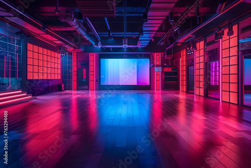 Neon blue red Stylish Loft Apartment Interior with TV Set with Screen Mock Up Display Standing on Television Stand. Chroma Key Placeholder on Monitor.