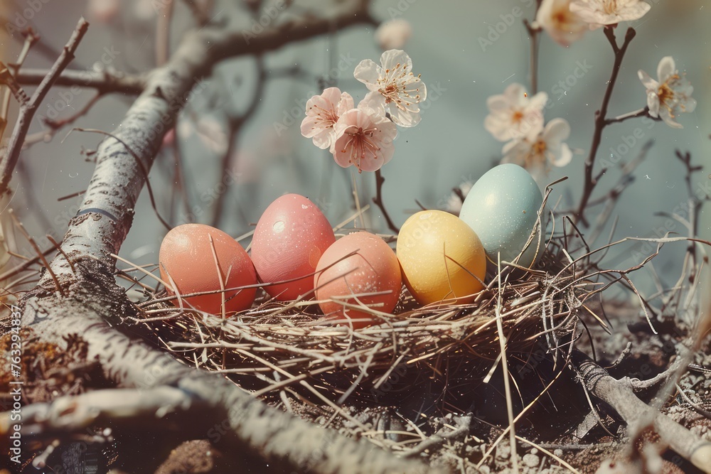 Easter eggs in nest on tree in forest or park. Generative AI Easter eggs in nest on tree in forest or park. Generative AI