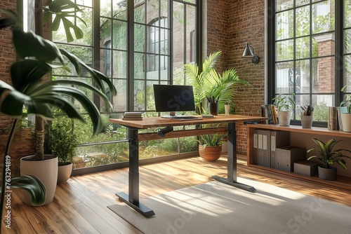 Spacious and Bright Home Office with Plants and Large Windows