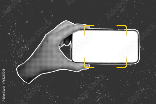 retro halftone collage of a hands with a phone. Scrolling, social networks, vector image on a textured grunge gritty background. Place for QR code and yellow frame.
