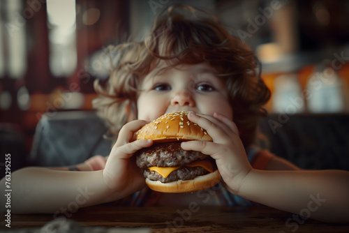 little caucasian boy eating burger  looking camera