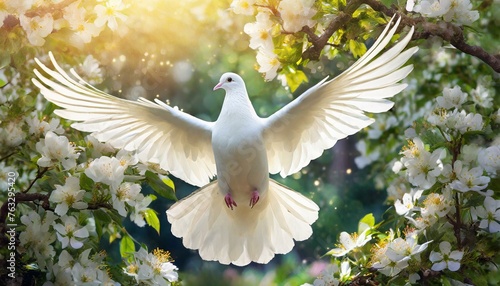 Holy Spirit: White Dove with Open Wings Dancing on Air in Blossoming Garden