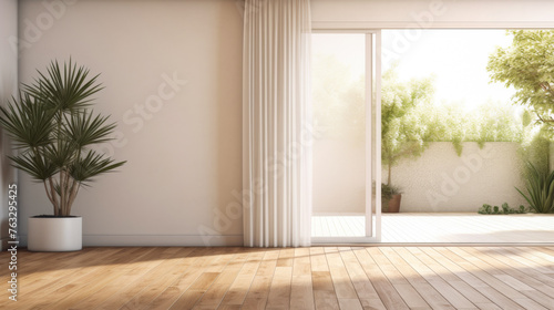 A large open room with a white curtain and a potted plant. The room is empty and has a minimalist feel