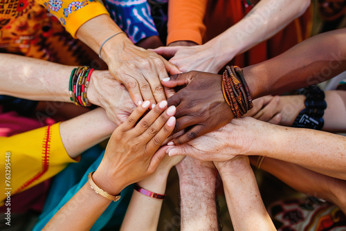 All hands together, united diversity or multi-cultural partnership in a group	