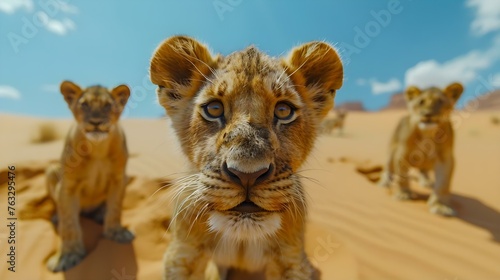 Curious gazes of young lions in the desert captured in a wide-angle shot. Concept Wildlife Photography, African Safari, Animal Portraits, Nature Conservancy, Wide-angle Shots
