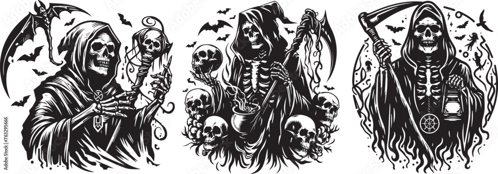grim reaper death dark figure with scythe black vector