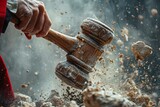 Capturing the moment of impact as a judge's gavel explodes, symbolizing power and abrupt decisions in justice