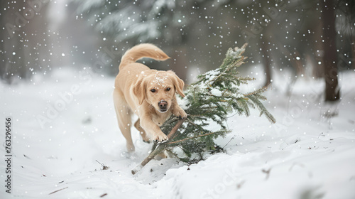 Dog drags tree in snow