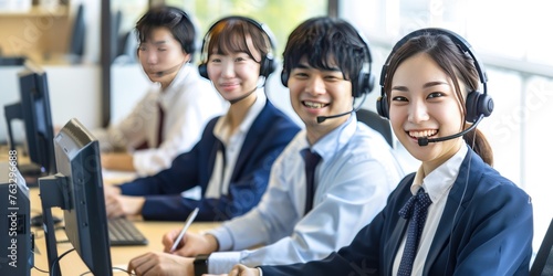 technical support representatives with friendly smiles, wearing headsets and sitting at neatly organized desks