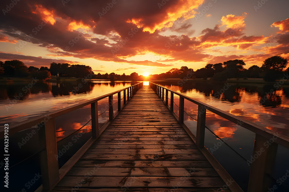 Landscape wooden bridge at orange sunset evening at lake. Colorful landscape with forest, lagoon, reflection in water. Realistic clipart template pattern.