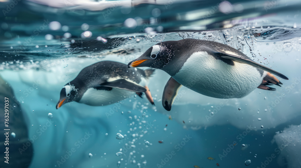Fototapeta premium Penguins swim under the ice to find fish