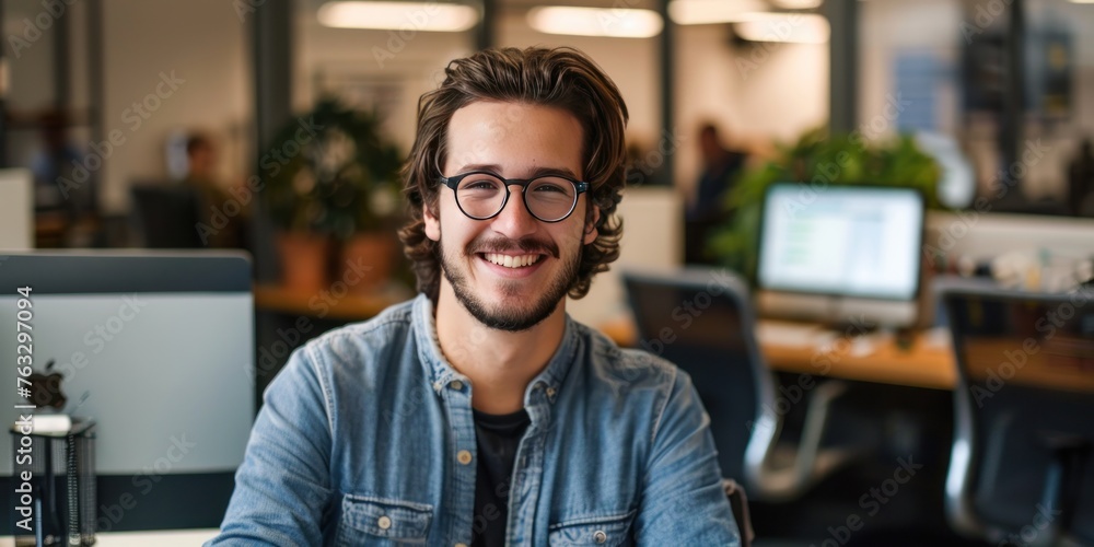 Obraz premium man behind pc in an office who smiles into the camera