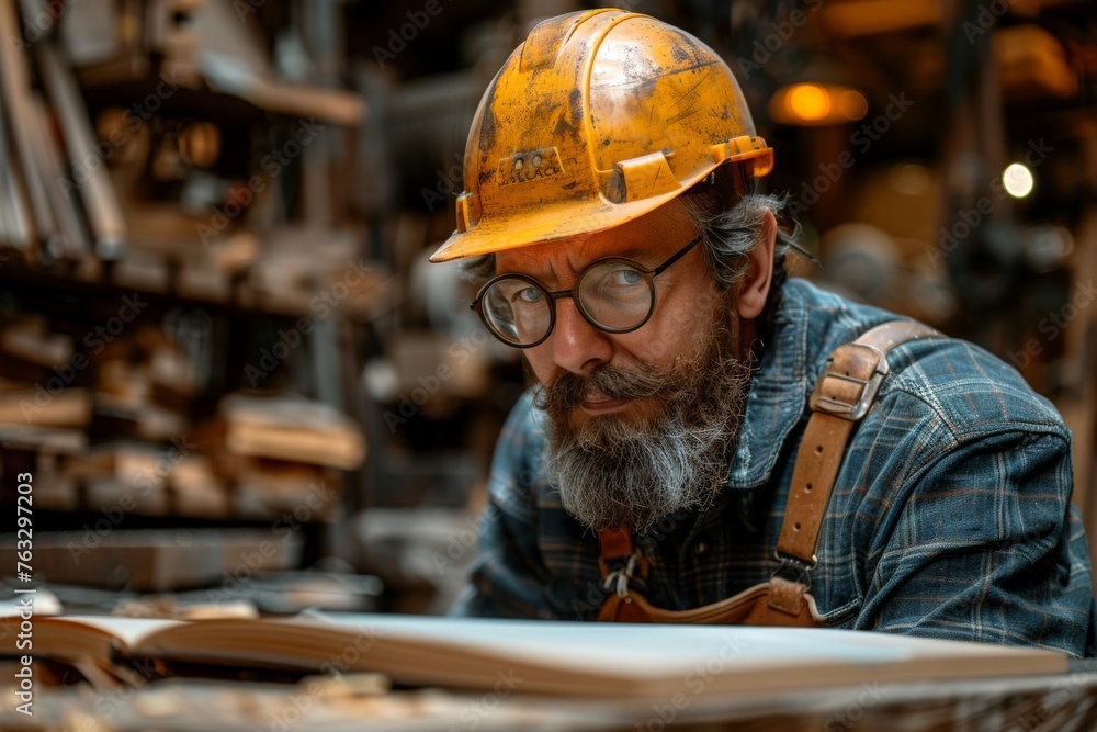 Skilled worker with hard hat inspects machinery in an industrial workshop surrounded by equipment Skilled worker with hard hat inspects machinery in an industrial workshop surrounded by equipment