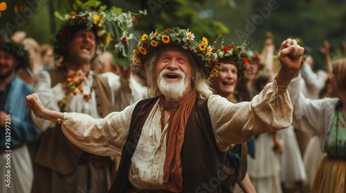 Elderly man with a floral wreath, celebrating with others.