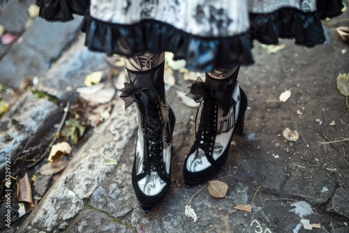 Gothic Elegance on Cobblestone, close-up of a woman's feet in ornate black heeled pumps with ribbon details, standing on an old cobblestone path, showcasing a gothic fashion aesthetic