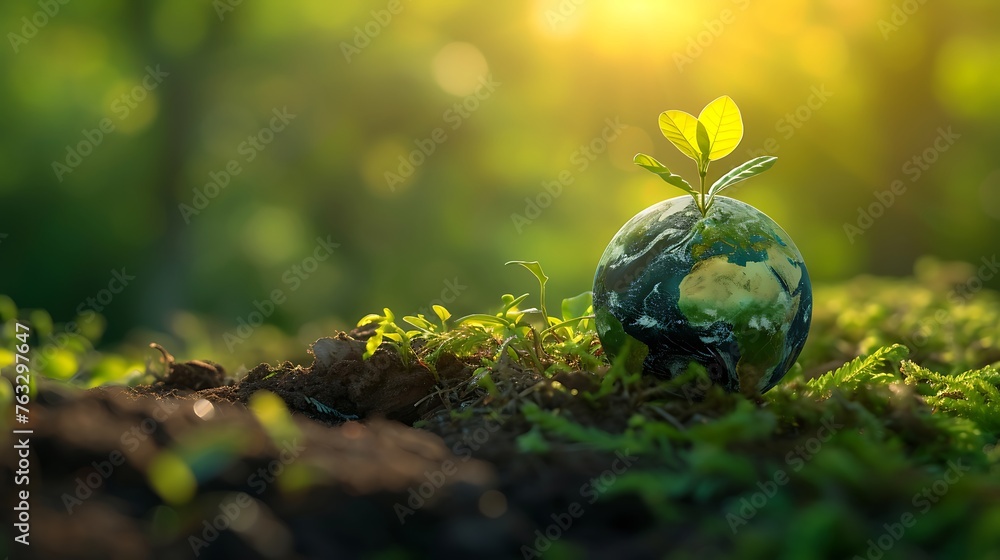 Earth planet sphere on green leaves background. Ecology and environment care concept Earth planet sphere on green leaves background. Ecology and environment care concept